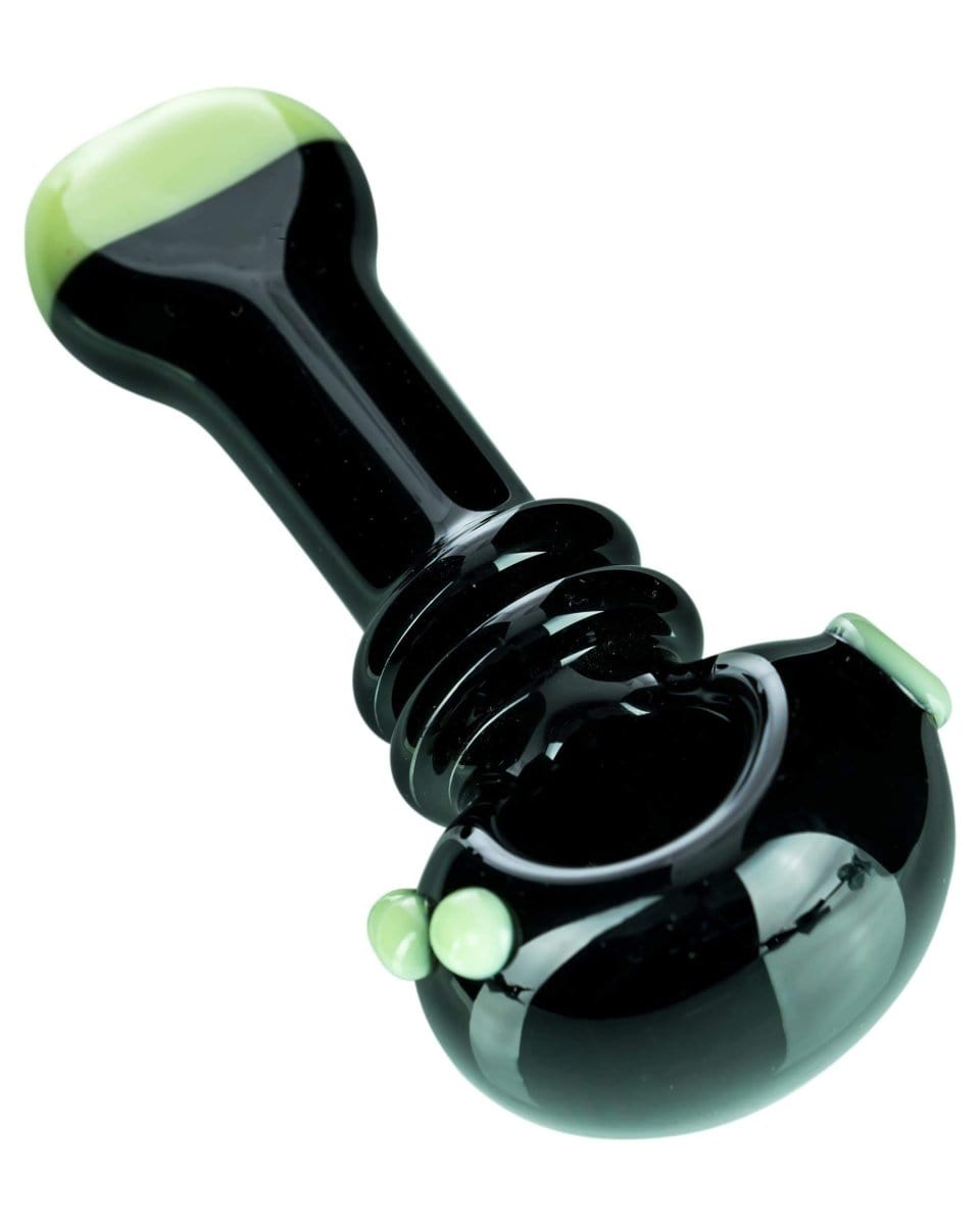 Front view of the Maria Ring Spoon Pipe, showcasing its sleek, dark glass construction and curved design.