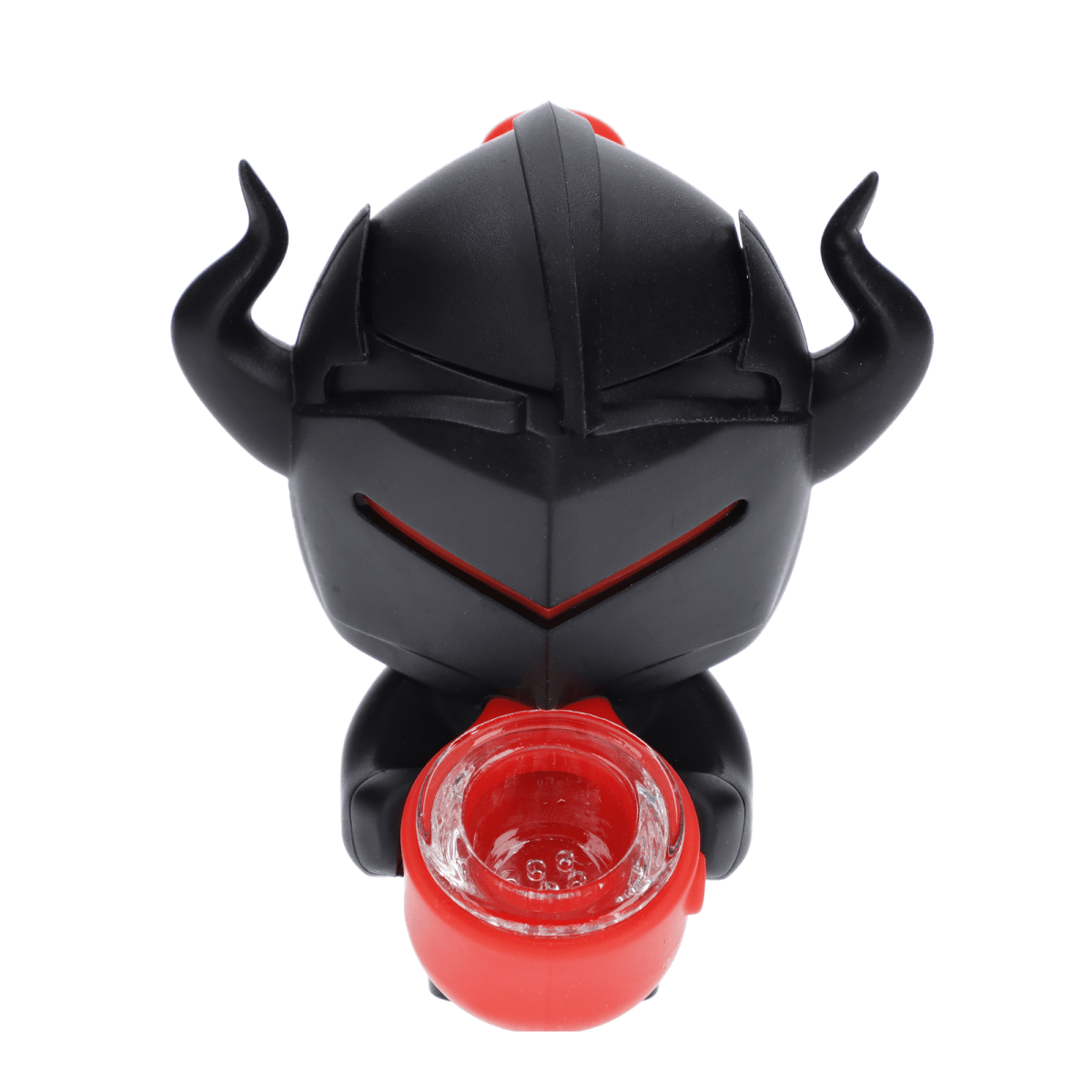 Front view of the Black Knight Silipipe, a black, sculpted pipe resembling a knight's helmet against a plain white backdrop.