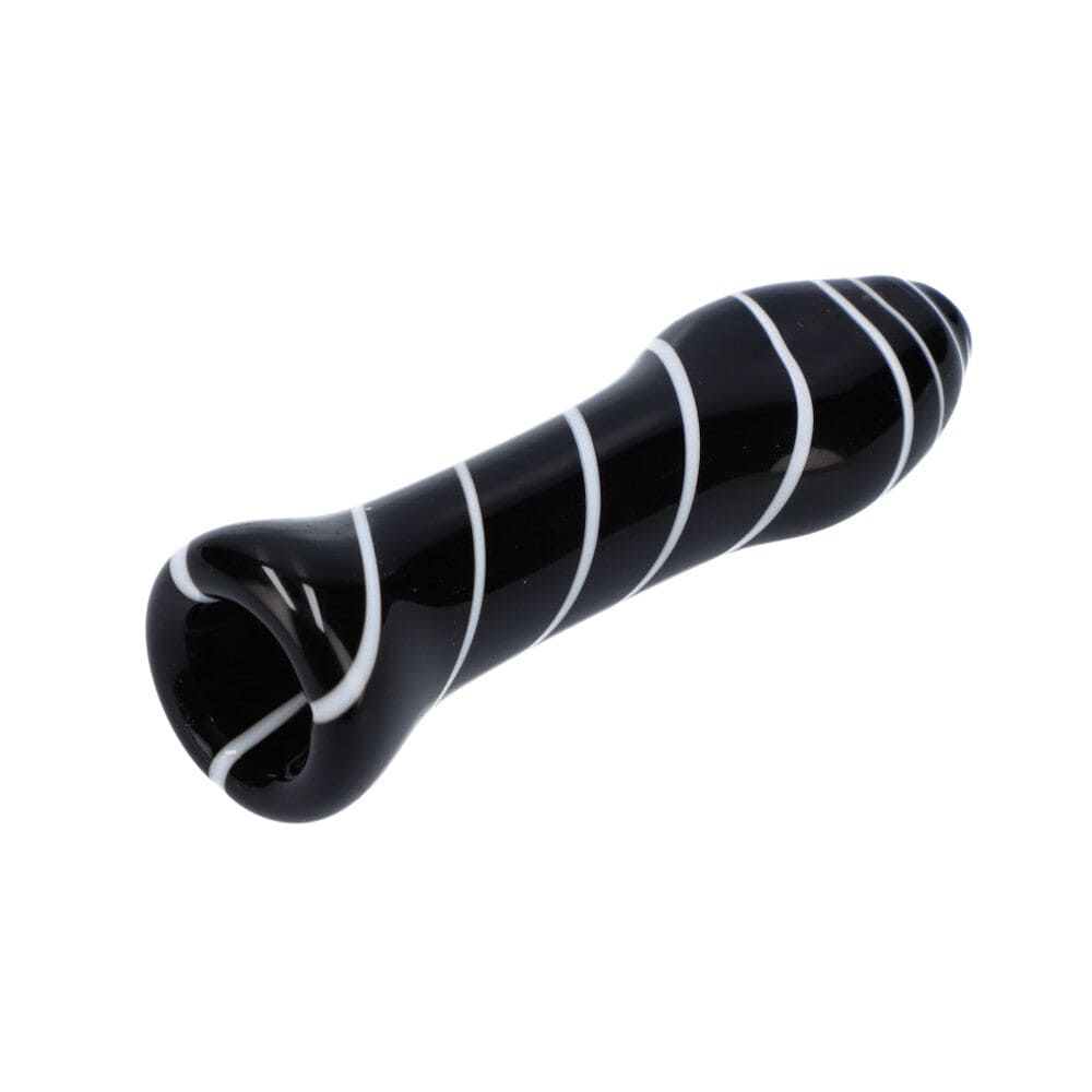 A close-up, angled view of the Striped Chillum, showcasing its dark, patterned glass design against a neutral background.