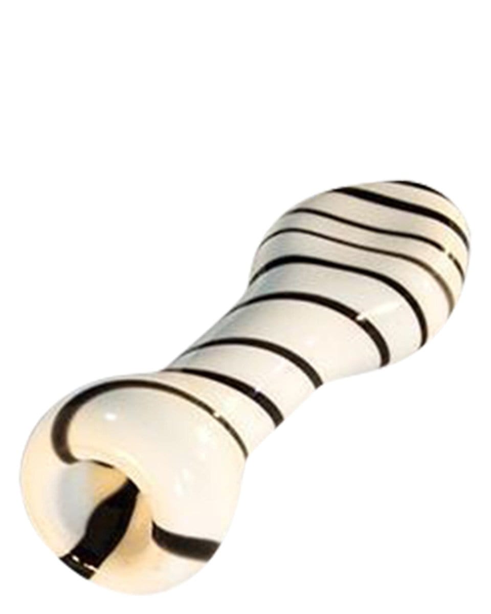 Front view of the Striped Chillum, a narrow, cylindrical glass pipe with a textured, striped pattern.