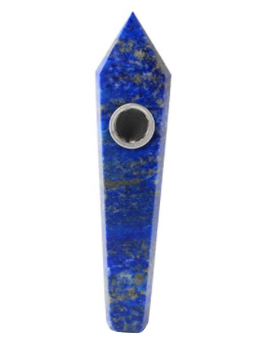 Front view of the Lapis Lazuli Quartz Stone Pipe, a sculpted stone piece with a narrow, cylindrical opening.