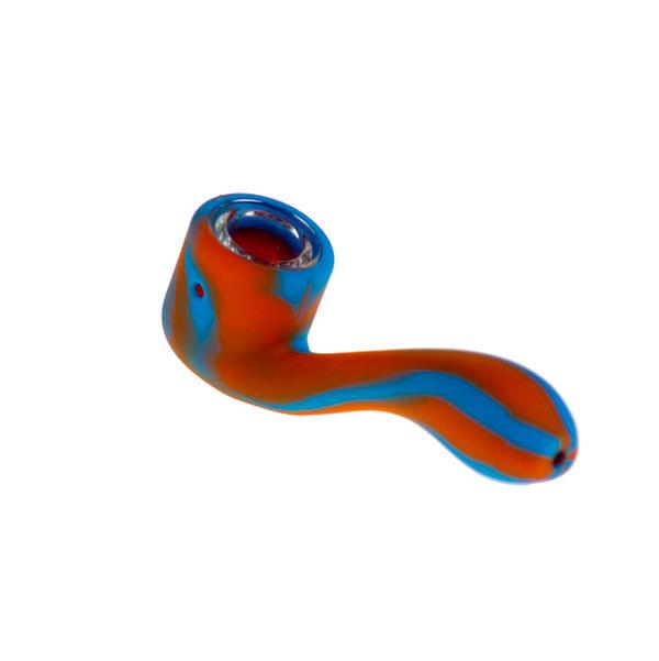 A close-up, angled view of the Silicone Sherlock Hand Pipe, showcasing its curved form and dark coloration.