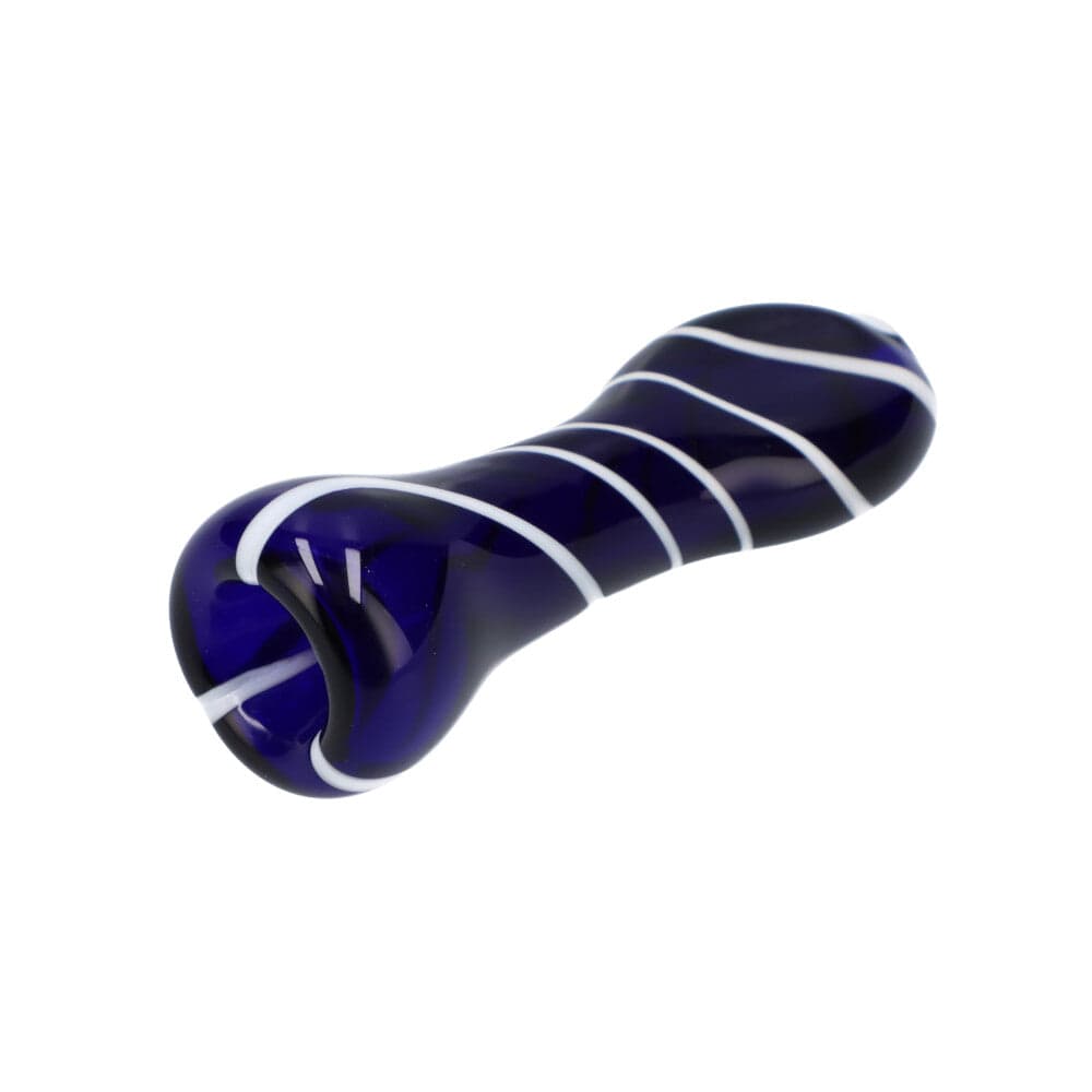A close-up, angled view of the Striped Chillum, showcasing its patterned glass design against a plain white background.