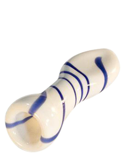 Close-up view of the Striped Chillum, a narrow, cylindrical glass pipe with a simple, streamlined design.