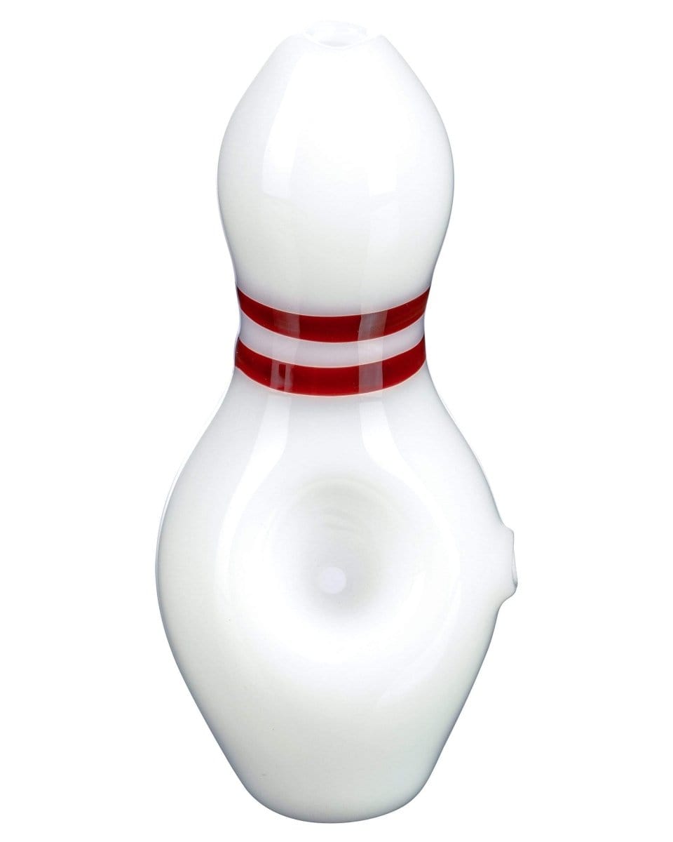 Front view of the Bowling Pin Hand Pipe, a white ceramic piece shaped like a bowling pin.