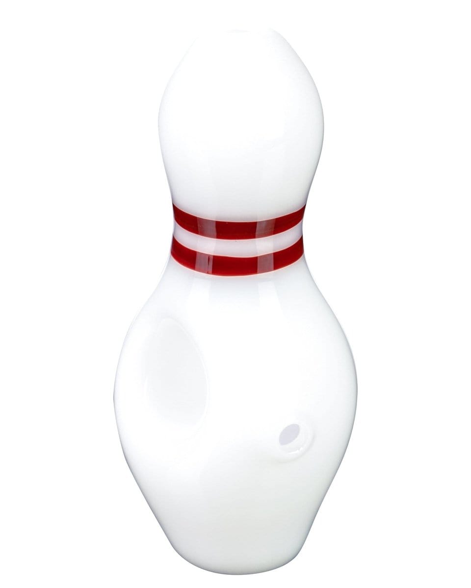 Front view of the Bowling Pin Hand Pipe, a white, sculpted glass pipe resembling a bowling pin.