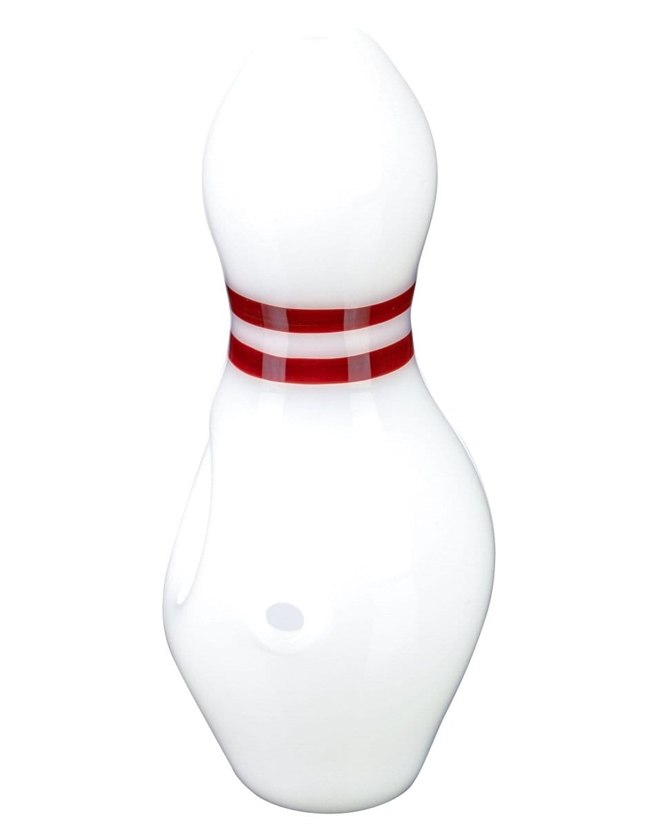 Front view of the Bowling Pin Hand Pipe, a white, sculpted glass piece resembling a bowling pin.