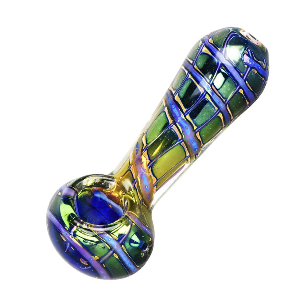 A close-up, angled view of the Butterfly Wing Macro Fumed Spoon Pipe, showcasing its colorful glass and curved design.