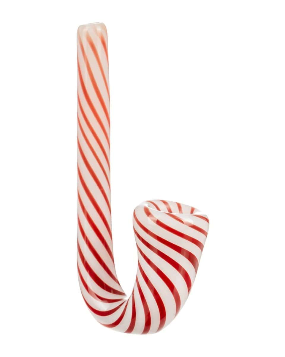 A side view of the Candy Cane Sherlock Pipe, showcasing its red and white striped glass design.