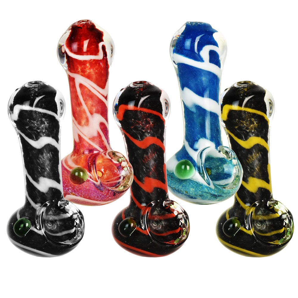 A colorful lineup of the 3-inch Colorful Worked Striped Spoon Pipe, displaying unique striped patterns in a front-facing view.