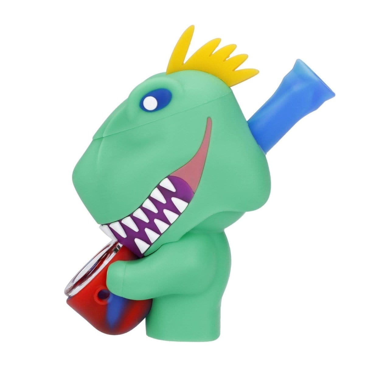 A vibrant, front view of the Dino Silipipe, a cartoonish green pipe with a blue mouthpiece and textured details.