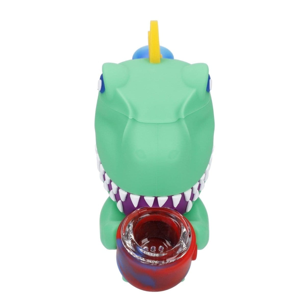 Front view of the Dino Silipipe, a green, cartoon dinosaur-shaped pipe with a yellow horn and detailed mouth.