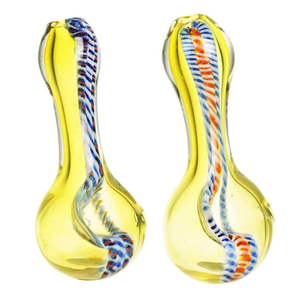 Front view of the 3.5” DNA Twist Spoon Pipe, showcasing a colorful swirl pattern in clear glass.