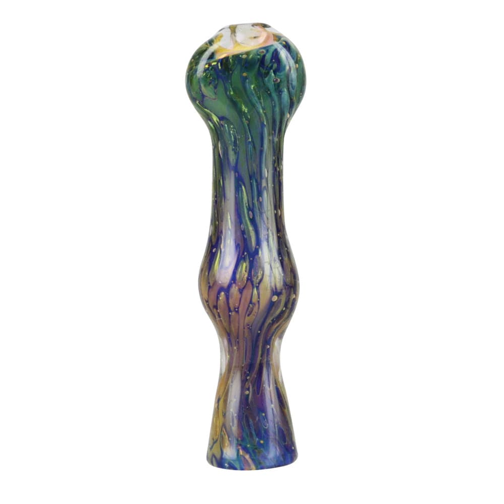 A close-up shows the Double Glass Fumed Chillum with vibrant, swirling glass patterns and a subtle fume finish.