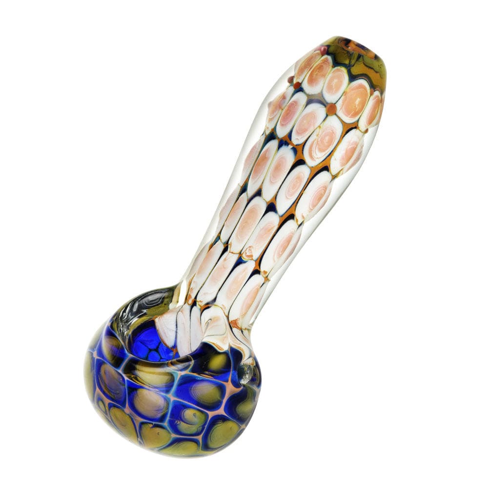 A side view of the Desert At Night Glass Spoon Pipe, featuring a colorful swirl design in transparent glass.