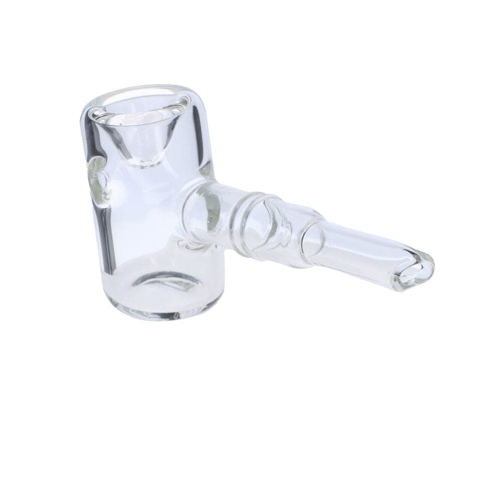 A side view of the 5" Everyday Essentials Sherlock Pipe, showcasing its clear glass construction and curved design.