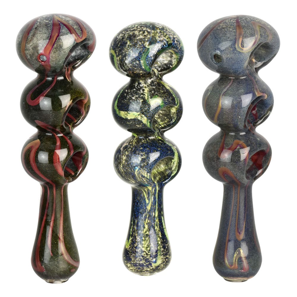 A front view of the Fermion Skin Triple Bowl Spoon Hand Pipe, showcasing its triple bowl design and speckled glass finish.
