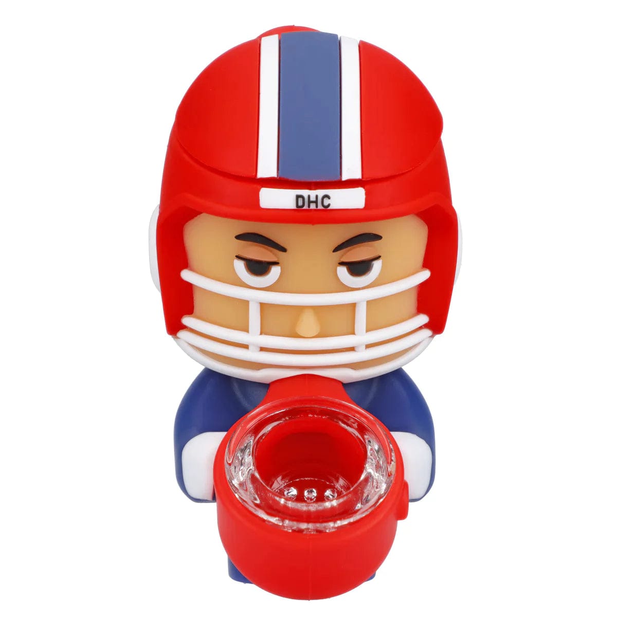 Front view of the Football Player Silipipe, sculpted as a helmeted player with a colorful, playful design.