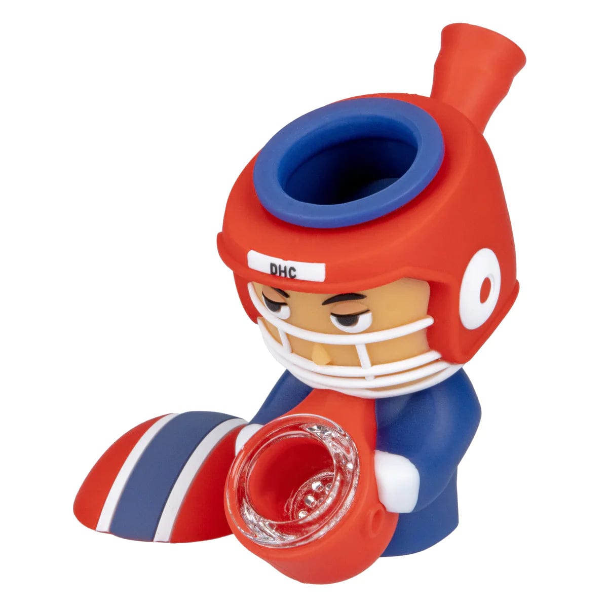 A close-up, angled view of the Football Player Silipipe, shaped like a helmeted player in blue and white.