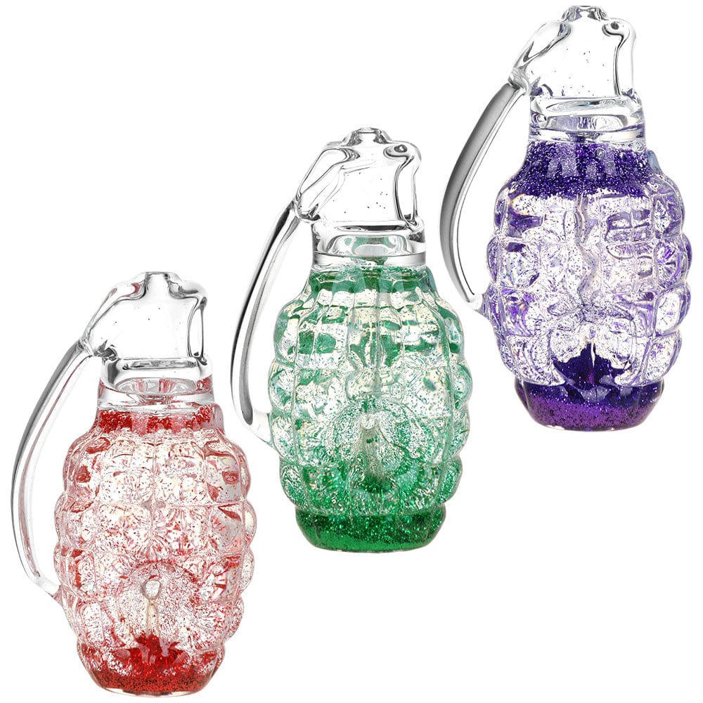 A front view of the Glitter Grenade 3.5" Glycerin Glass Hand Pipe with a colorful, speckled design.