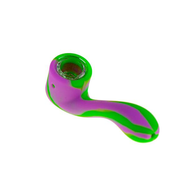 A close-up, angled view of the Silicone Sherlock Hand Pipe, showing the colorful, curved design of the pipe.