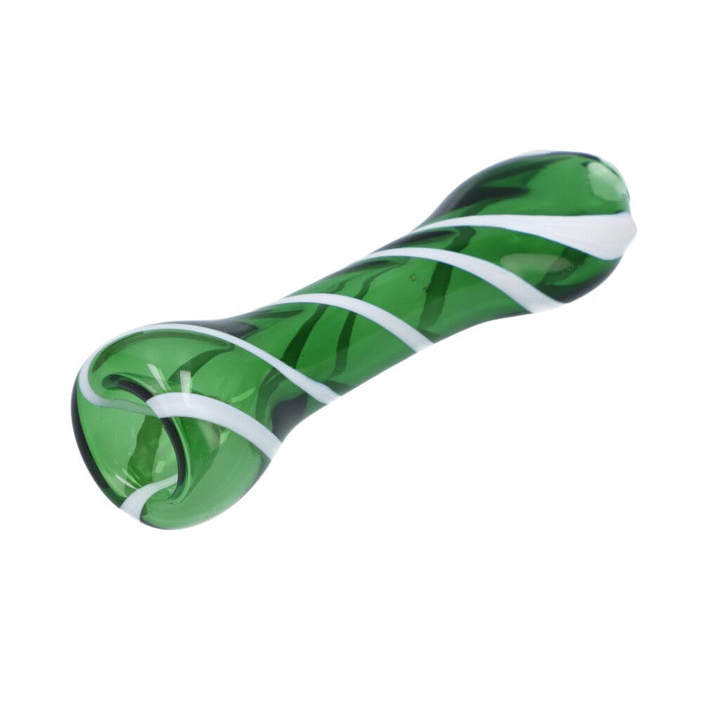 A studio shot of the Striped Chillum, showing its vibrant green glass with vertical stripes.
