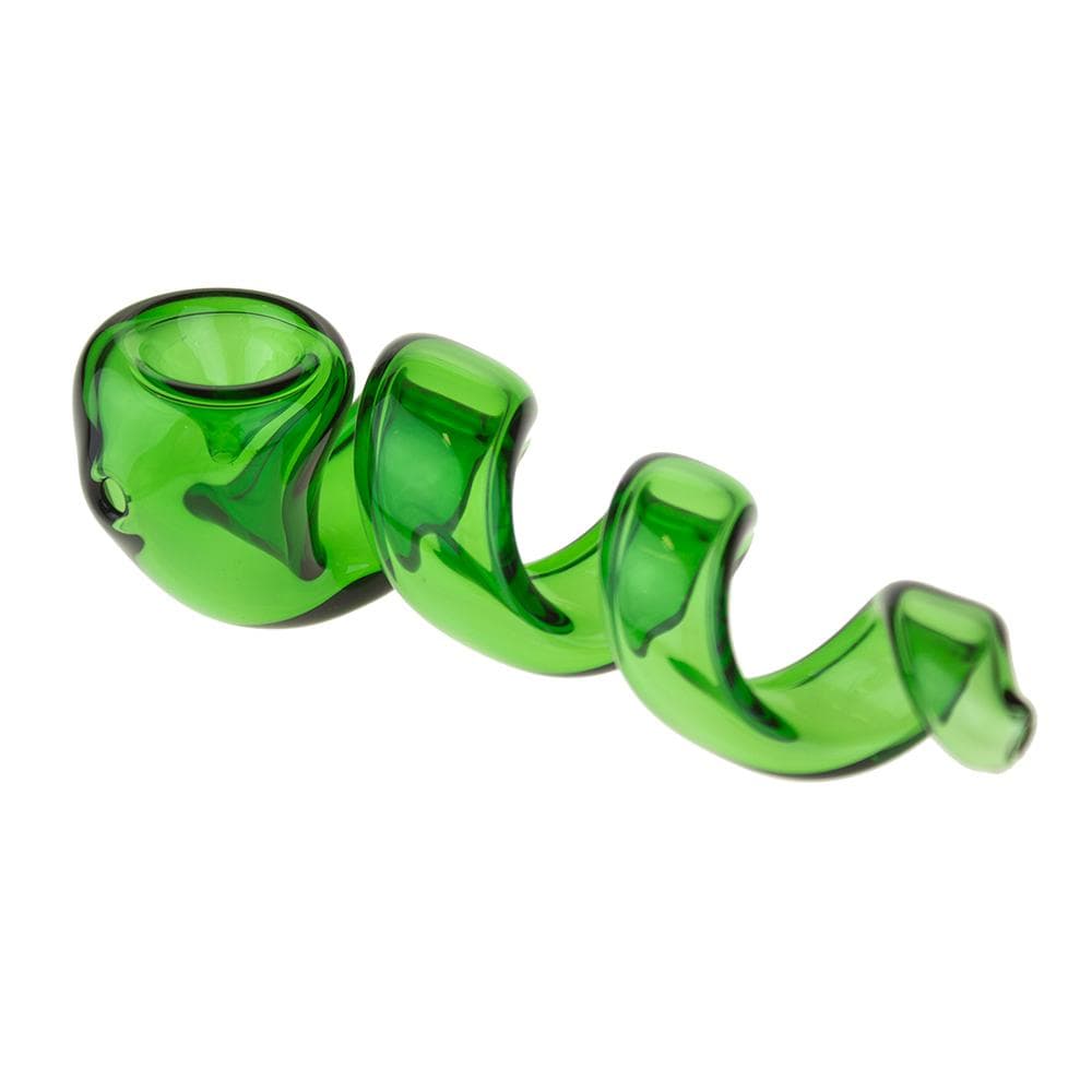 A studio shot of the Twisted Pipe, showcasing its sculpted, green glass design against a plain white background.