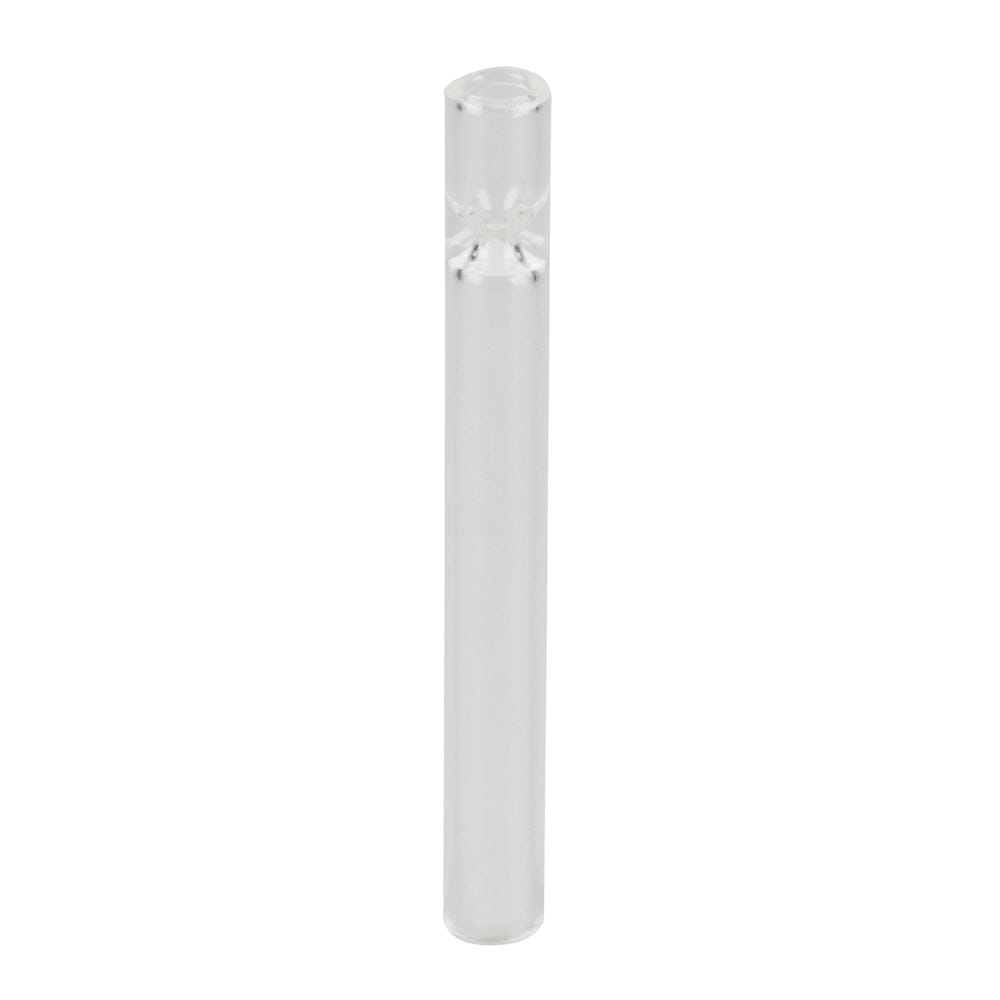 A clear, angled view of the Clear Glass One Hitter Pipe against a plain white background.
