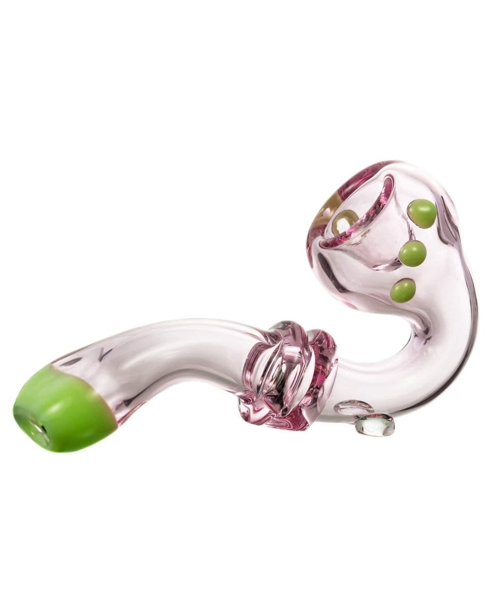 A side view of the Maria Ring Sherlock Pipe, showcasing its curved form and translucent glass construction.