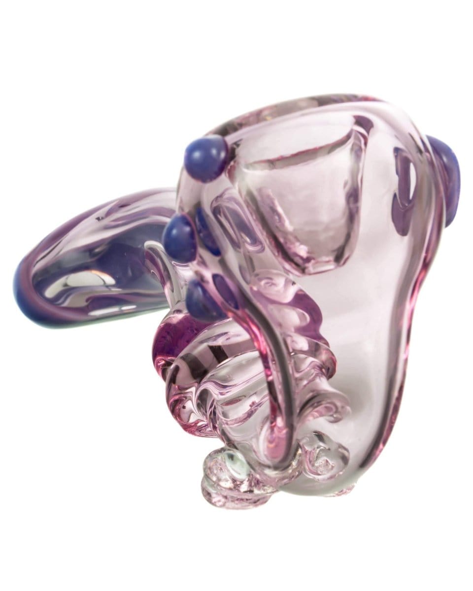 A side view of the Maria Ring Sherlock Pipe, showcasing its curved glass form and vibrant blue accents.