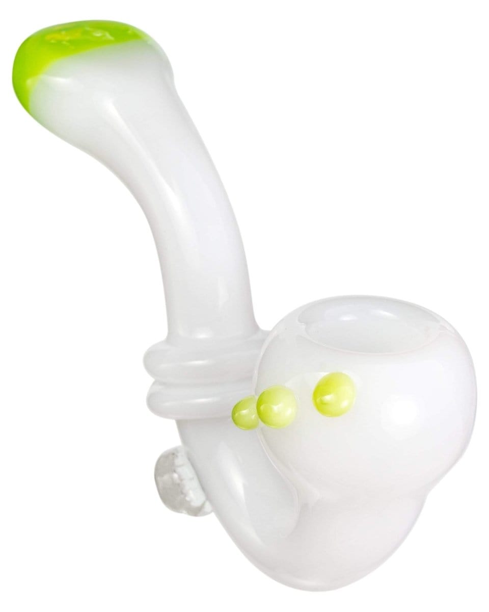 A three-quarter view of the Maria Ring Sherlock Pipe, showcasing its curved bowl and clear glass construction.