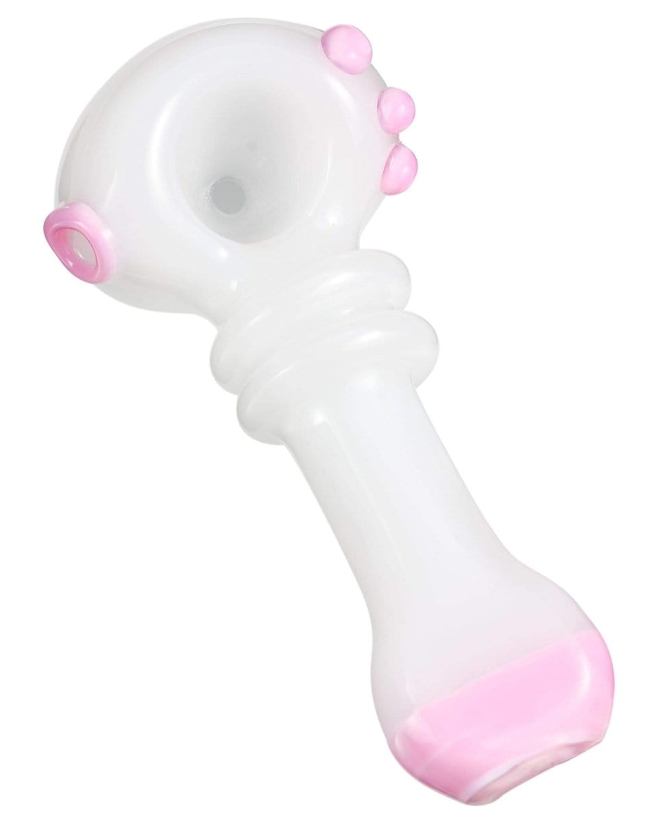 A studio shot of the Maria Ring Spoon Pipe, showcasing the clear glass design with a pink accent on the mouthpiece.