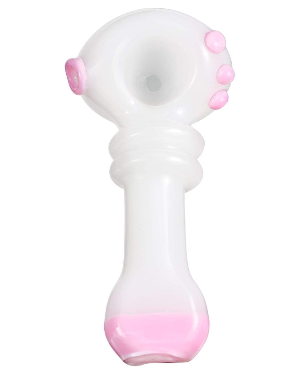 A studio shot of the Maria Ring Spoon Pipe, displaying its curved form and translucent pink coloration.