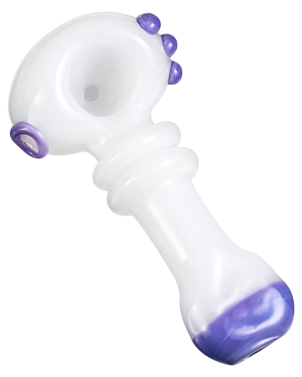 A close-up of the Maria Ring Spoon Pipe, showcasing its clear glass construction and purple-tipped bowl.