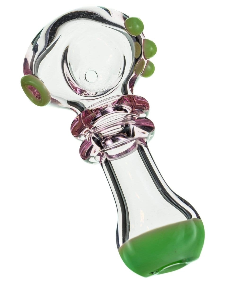 A front view of the Maria Ring Spoon Pipe, featuring a green-tinted bowl and clear glass construction.