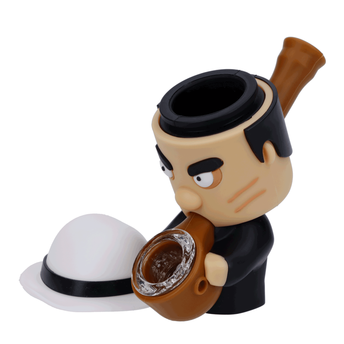 Front view of the Mobster Silipipe, resembling a cartoon character with a clear glass pipe extending from a fedora hat.