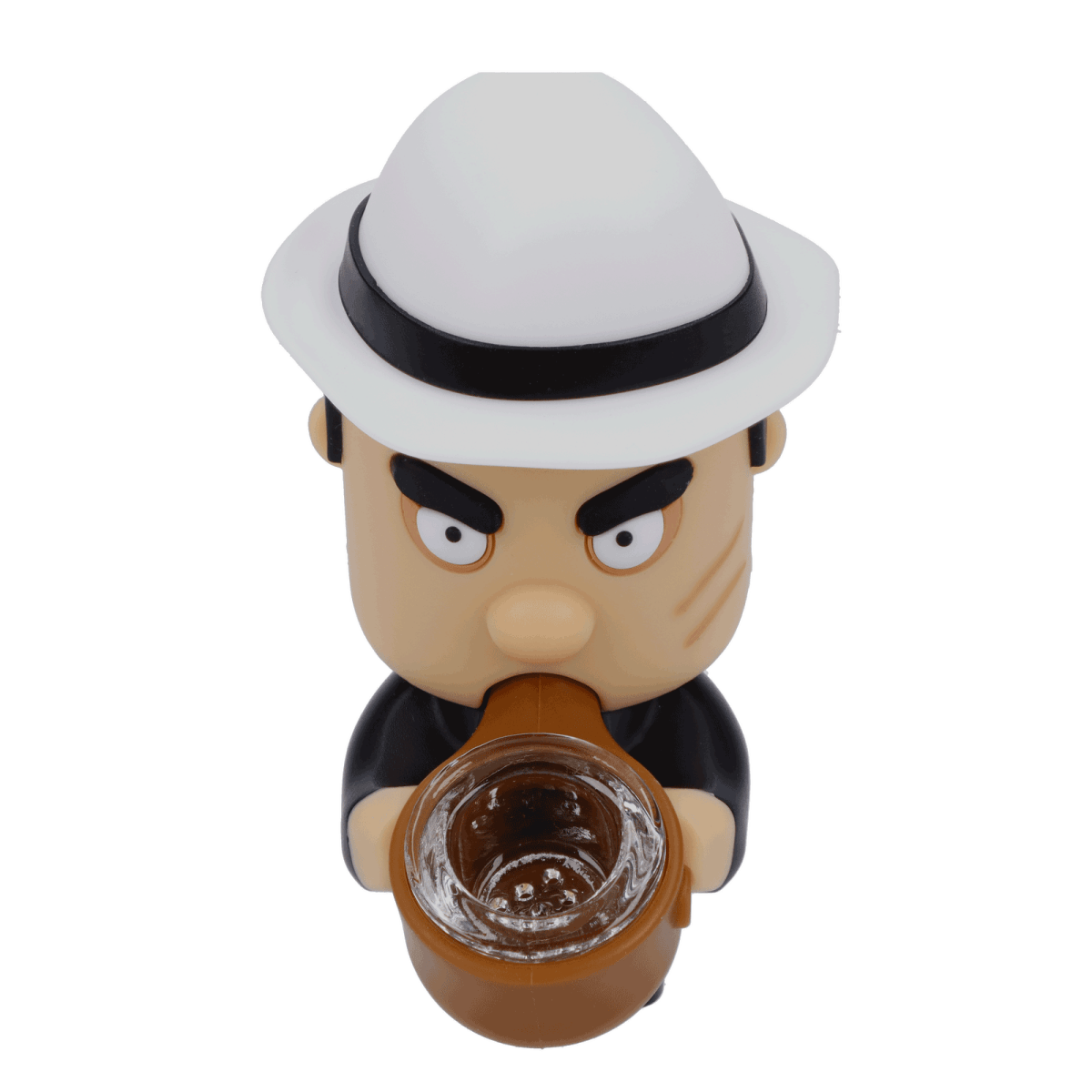 Front view of the Mobster Silipipe, a sculpted pipe designed as a cartoon mobster wearing a hat.