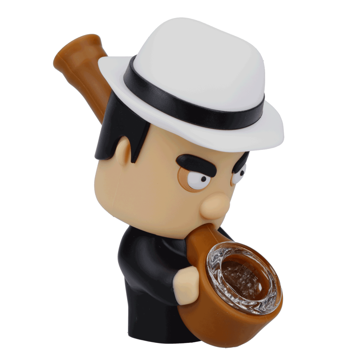 Front view of the Mobster Silipipe, a cartoonish figure with a clear glass pipe forming its head, against a white background.