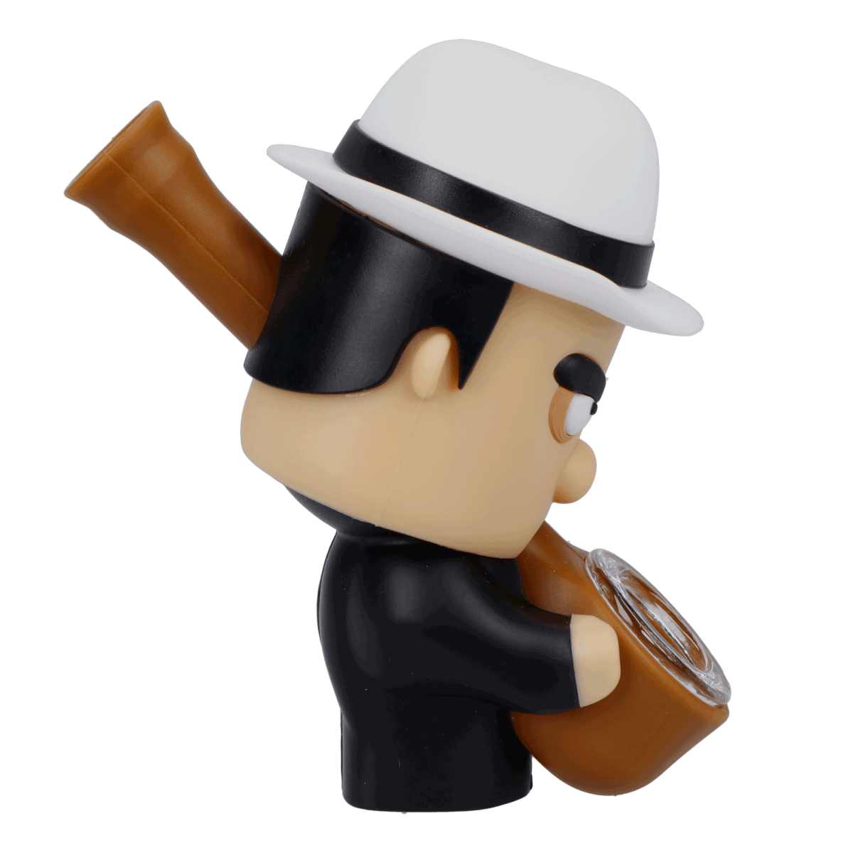 Side view of the Mobster Silipipe, a ceramic pipe shaped like a cartoon character wearing a fedora.