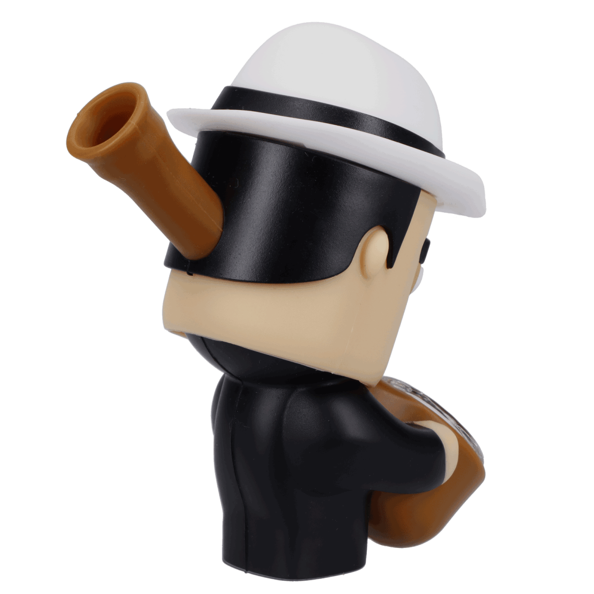 Side view of the Mobster Silipipe, a ceramic pipe styled as a cartoon gangster in a suit and fedora.
