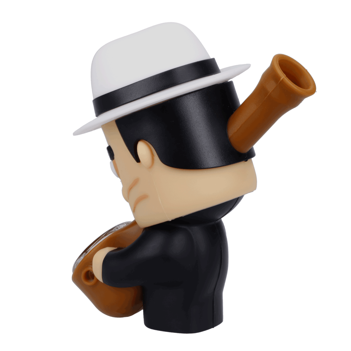 Side view of the Mobster Silipipe, a dark-colored pipe shaped like a cartoon character wearing a fedora.