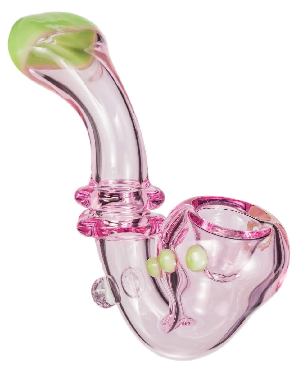 A three-quarter view of the Maria Ring Sherlock Pipe, showcasing its curved form and translucent pink glass.