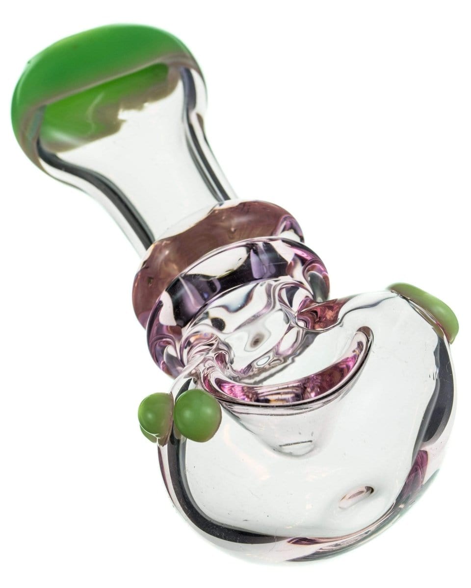 A side view of the Maria Ring Spoon Pipe, showcasing its curved shape and colorful glass accents.