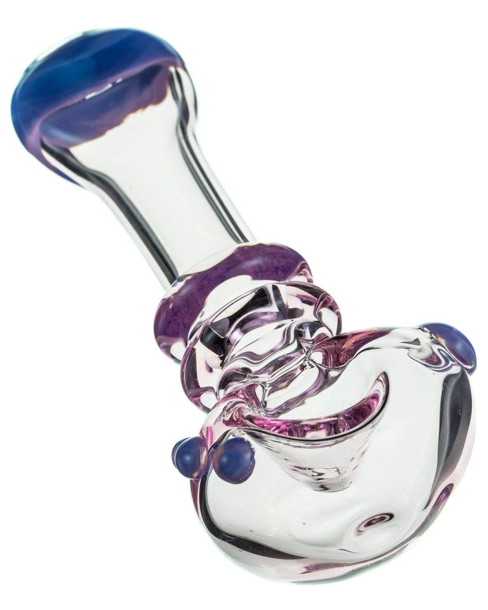 A three-quarter view of the Maria Ring Spoon Pipe, showcasing its curved bowl and clear glass construction.