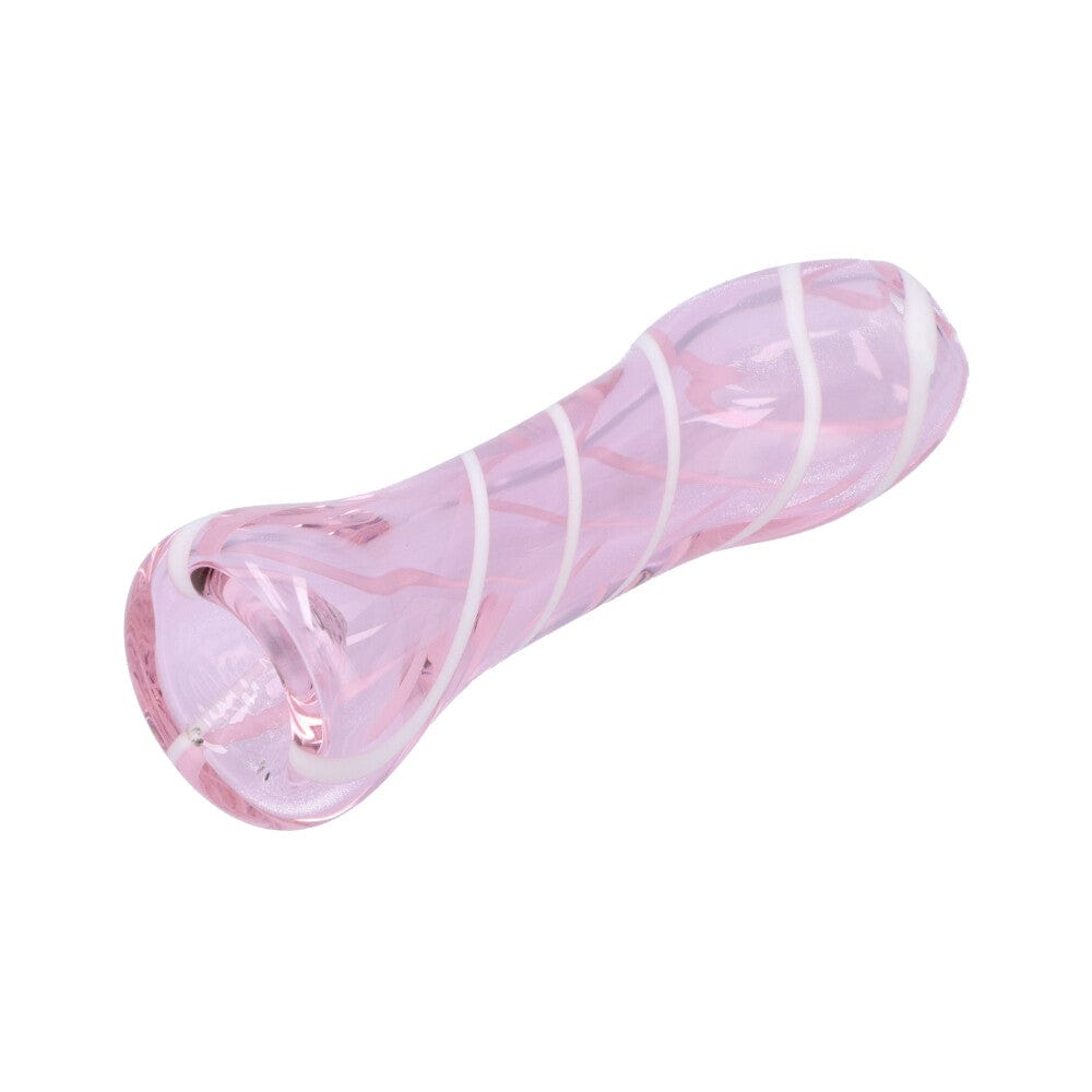 A close-up, angled view of the Striped Chillum, showcasing its patterned glass design against a plain white background.