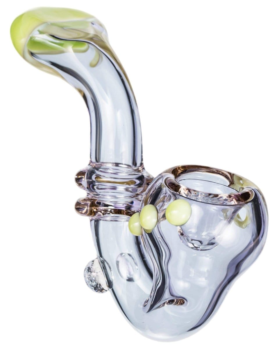 A three-quarter view of the Maria Ring Sherlock Pipe, showcasing its clear glass construction and curved design.