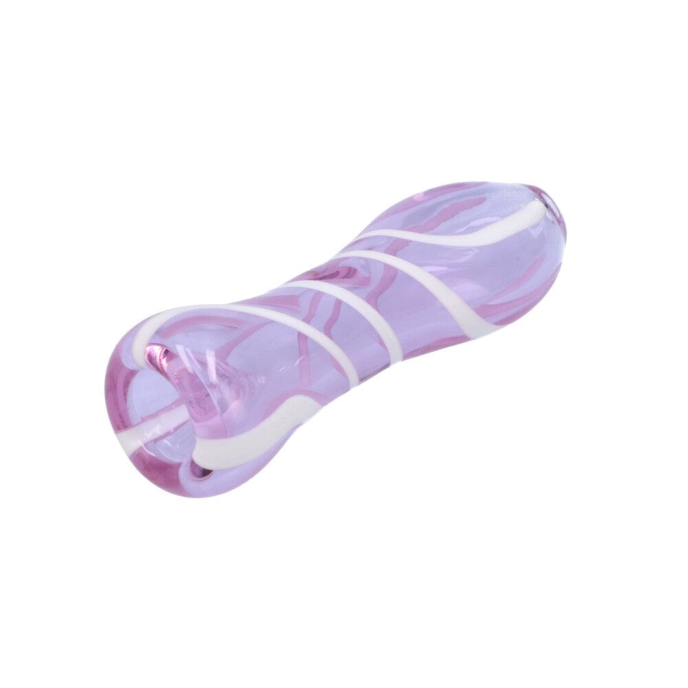 A close-up of the Striped Chillum, showcasing its purple and white striped glass design with a slightly angled view.
