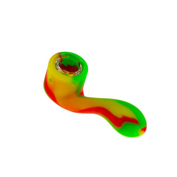 A side view of the Silicone Sherlock Hand Pipe, showcasing its colorful, curved design against a plain white background.