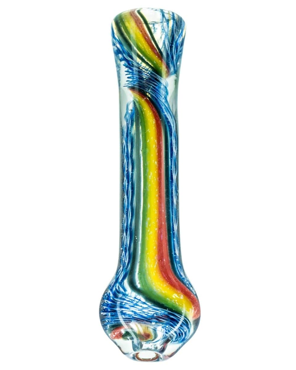 A front view of the Rasta Stripe Chillum, showcasing its striped glass design and slender form.