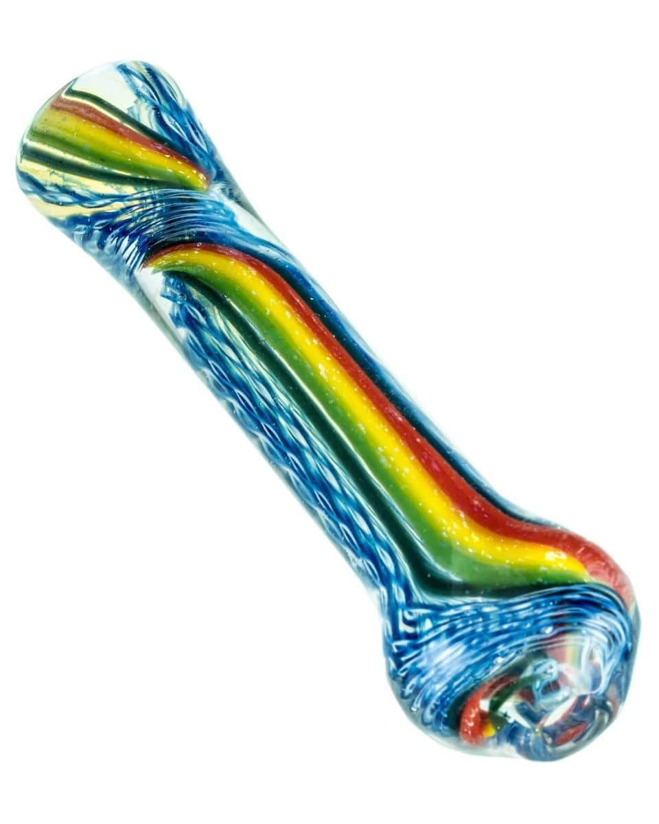 A close-up, angled view of the Rasta Stripe Chillum, showcasing its colorful striped glass design.